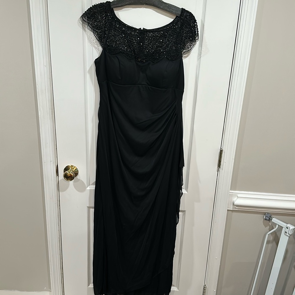 Black beaded scallop sleeve dress